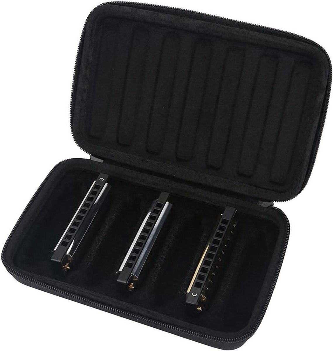 Harmonicaset opbergdoos voor 7 harmonica's met zachte binnenvoering en extra vakken zwart