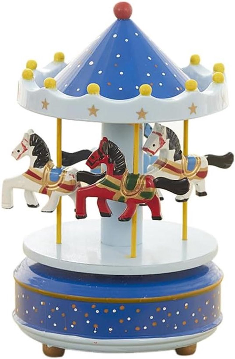 Muziekcarrousel Houten Doos - Draaiende Muziekdoos - Decoratie Kamer - Handgeschilderd Hout - 10.5 x 17 cm - Blauw