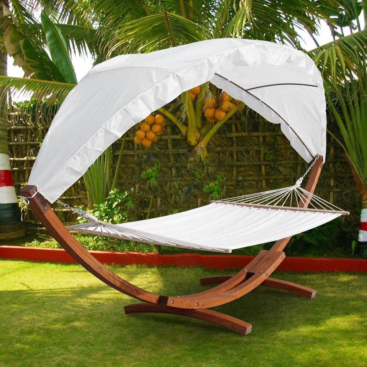 Hangmat met frame - Liggemat Schommelmat - Ontspannen in de tuin - Weerbestendig larikshout - 410 cm - Beige