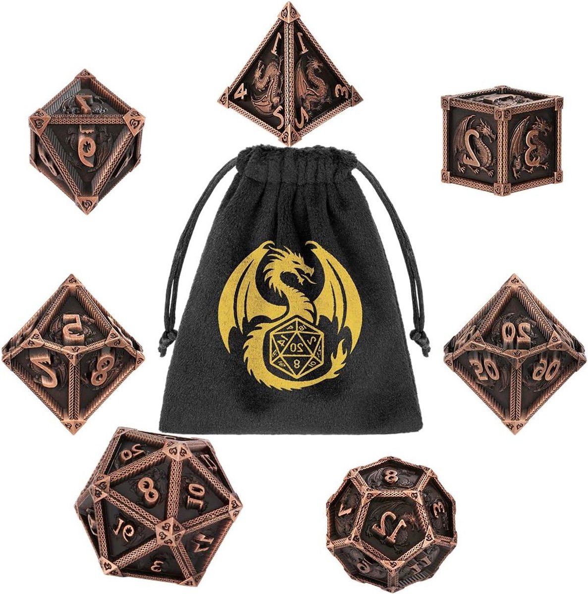 Metalen Dobbelstenen Set - RPG Dobbelstenen - Rollenspellen - Drakenpatroon - 7 stuks - Koper