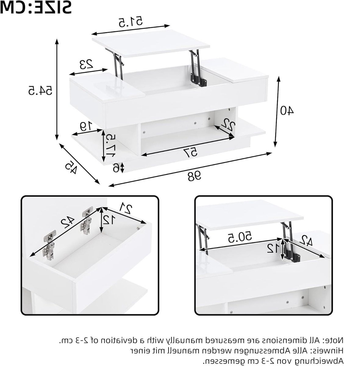 Koffietafel met Lift - Eettafel Salon - Woonkamer Gebruik - Inclusief LED Verlichting - 98x45x40 cm - Wit
