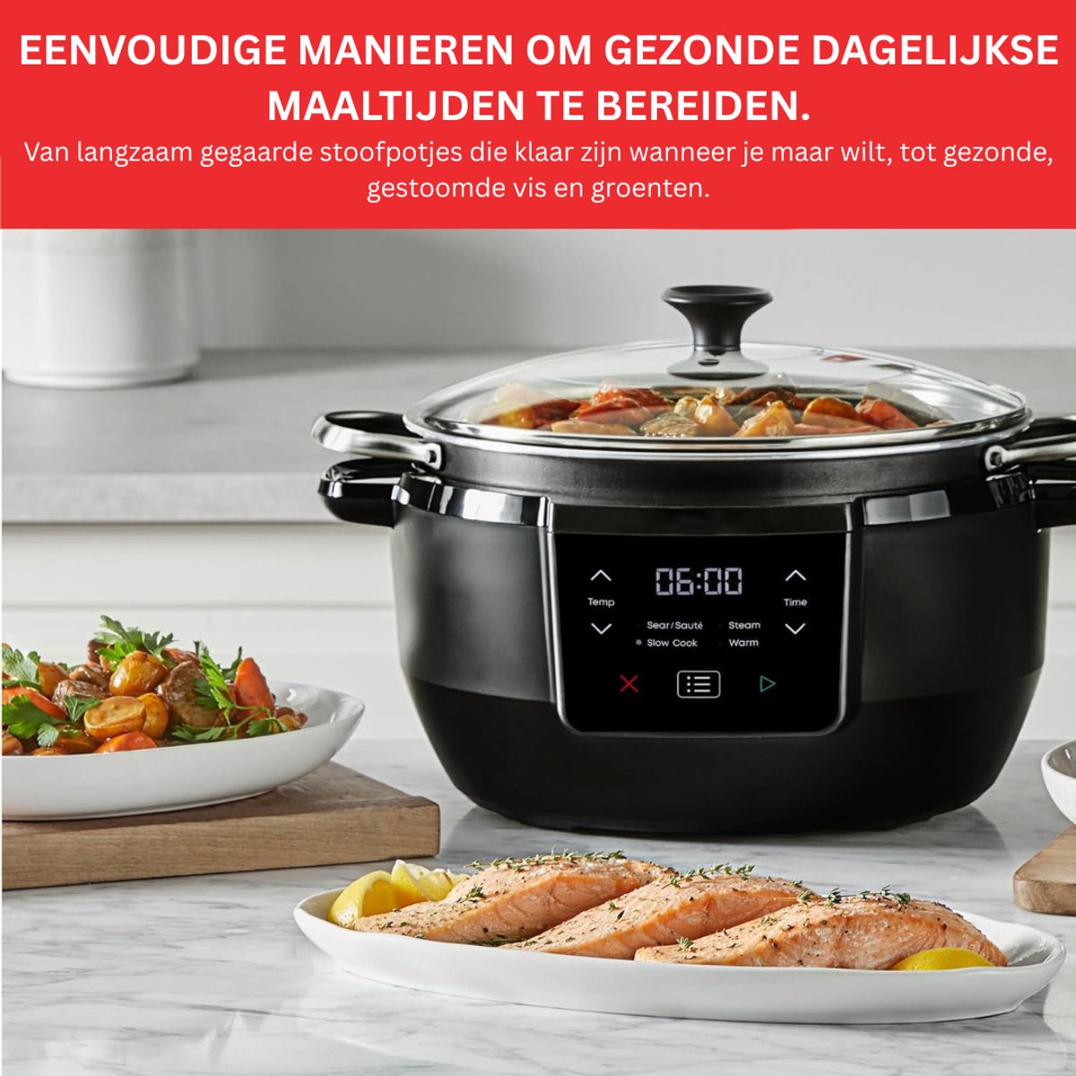TopChoice® Slowcooker met Timer - Multicooker - Crockpot - 39x26x35cm - Zwart – foto 5