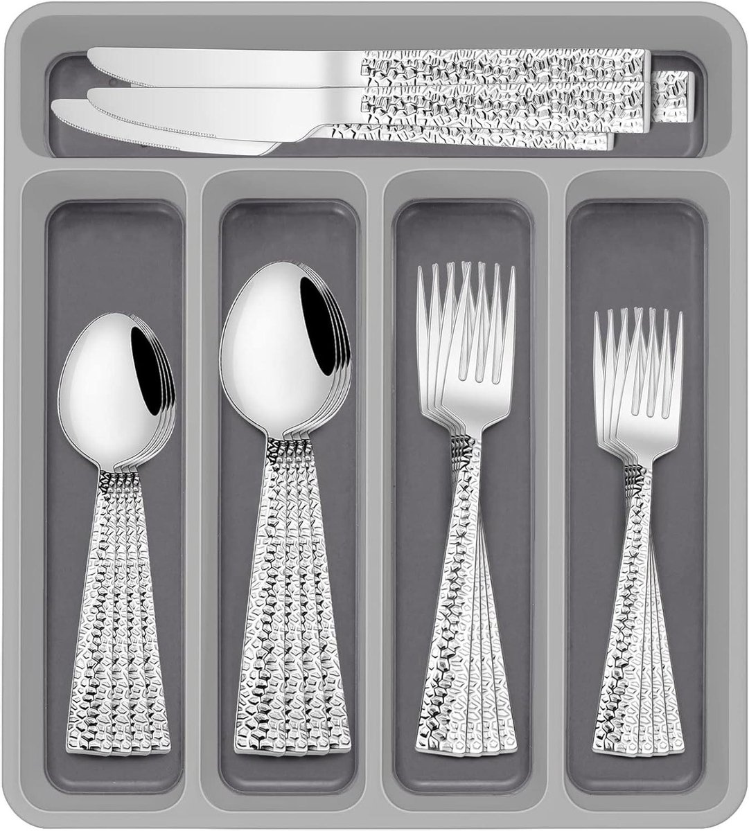 Bestekset - Tafelgerei Serviesgoed - Thuis dineren - Gehamerd design - 40-delig - Zilverkleurig