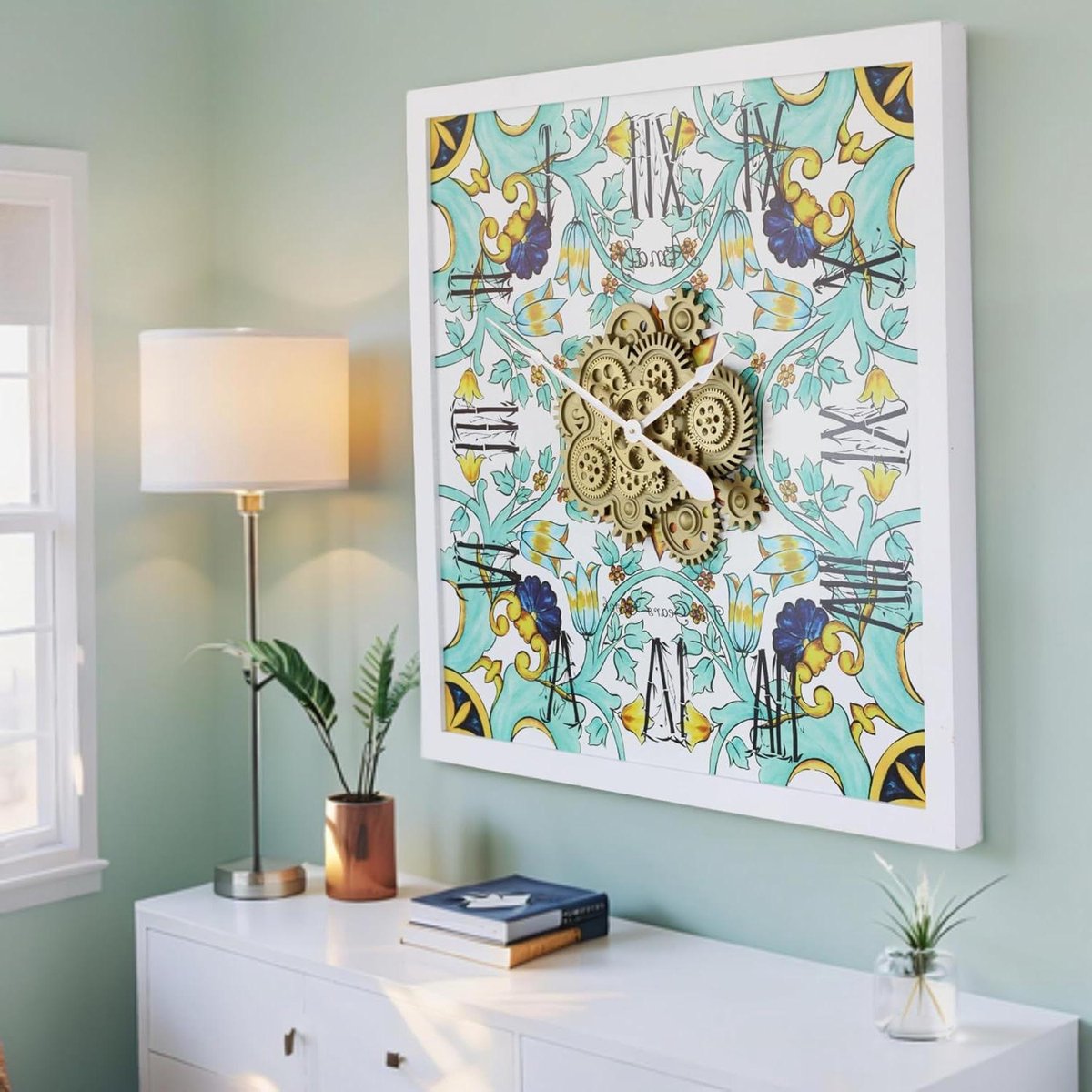 Tandwielen Klok - Wandklok Bewegend - Woonkamer Decoratie - Geïnspireerd Amalfi - 36 inch Vierkant - Kleurrijk