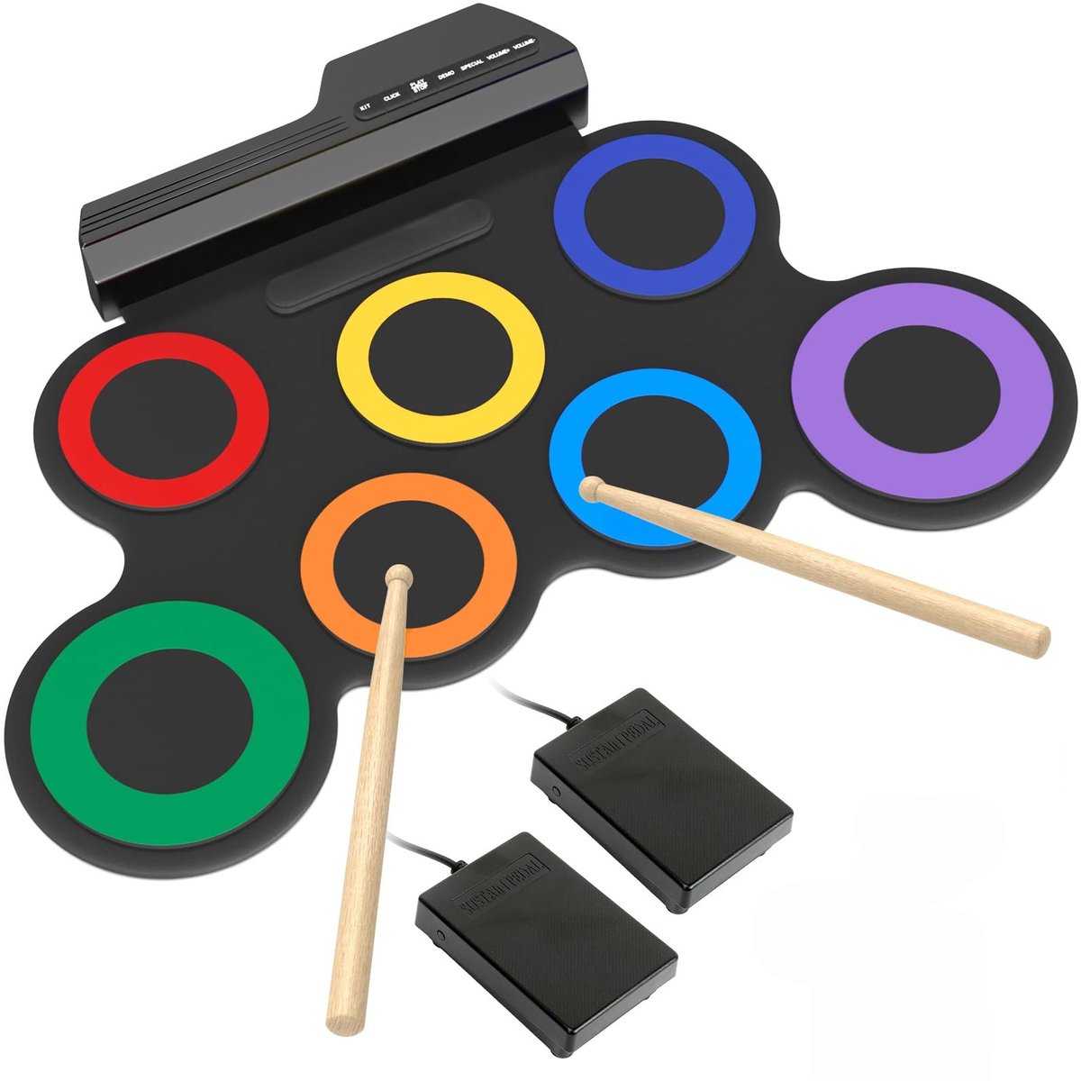 carmdering - Elektrische Drumstel - Drumpad - Beginnersdrum - Digitaal Drumstel - compleet met 2 pedalen en 2 drumstokken - duurzaam PVC en siliconen - draagbaar, lichtgewicht, ideaal voor thuis en buiten - stimuleert creativiteit - Gekleurd