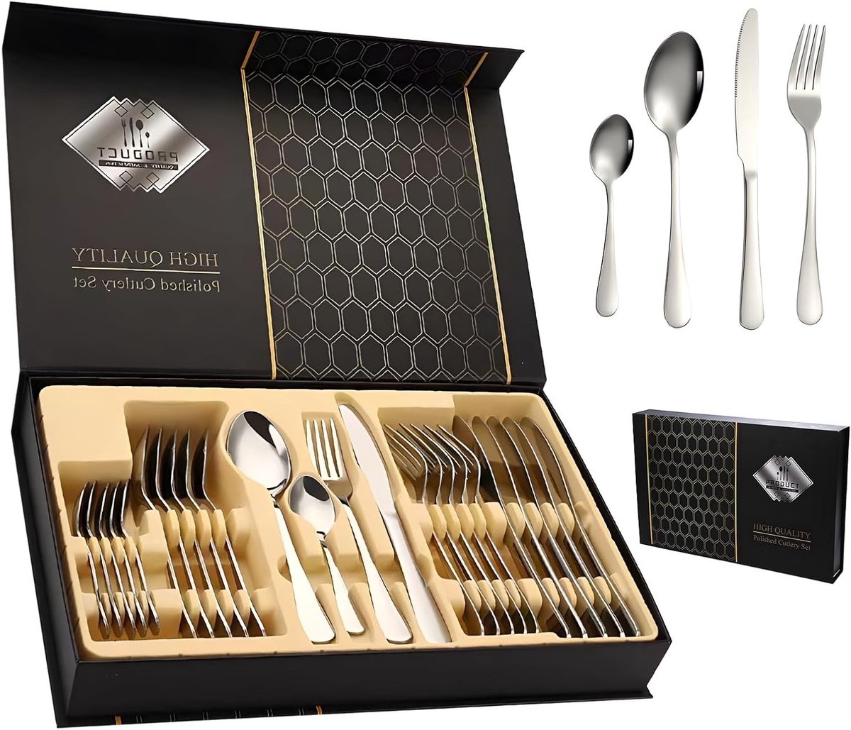 24-delig Bestekset voor 6 Personen met Cadeaubox, Roestvrijstalen Bestek, Vaatwasserbestendig, Ideaal voor Thuis, Feesten en Restaurants