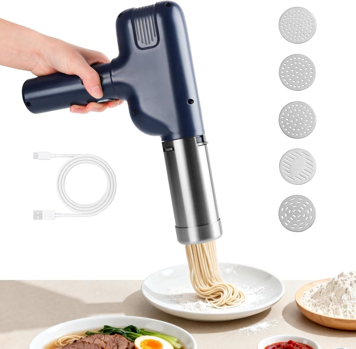 Draagbare pastamaker met 7 accessoires, oplaadbare machine voor heerlijke spaghetti en fettuccine, ideaal voor thuisgebruik en eenvoudig te bedienen