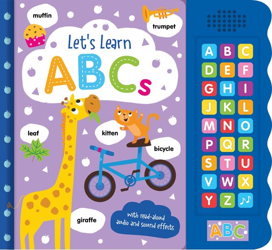 Interactief ABC-boek met een giraf, kat, fiets, muffin en trompet. Bevat de letters A t/m Z.