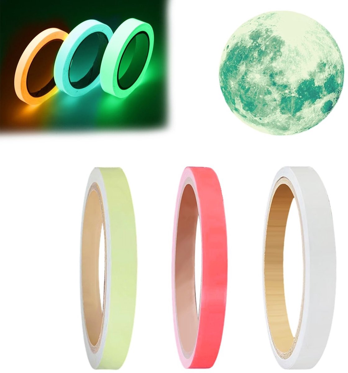 Set van 3 lichtgevende zelfklevende tape, 1 glow-in-the-dark wandsticker, lichtstrip en waarschuwingsband voor donkere ruimtes