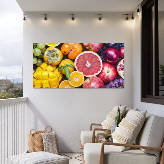 Tuinposter 160x80 cm - Tuindecoratie Fruit - Regenboog - Kleuren - Poster voor in de tuin - Buiten decoratie - Schutting tuinschilderij - Tuindoek muurdecoratie - Wanddecoratie balkondoek