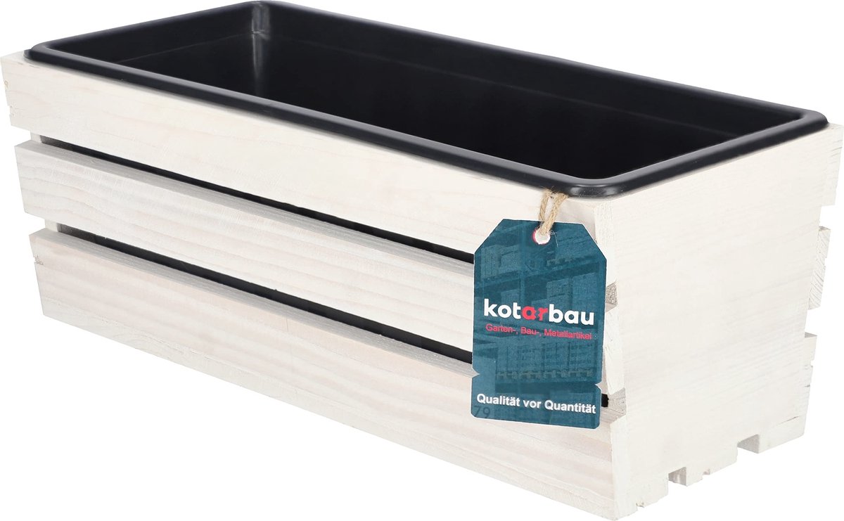 KOTARBAU® Houten Plantenbak, Bloembak Hout, 40 x 18 x 15 cm, Wit, Balkonbak, met Kunststof Inzetstuk, voor Terras, Balkon, Deko Planten