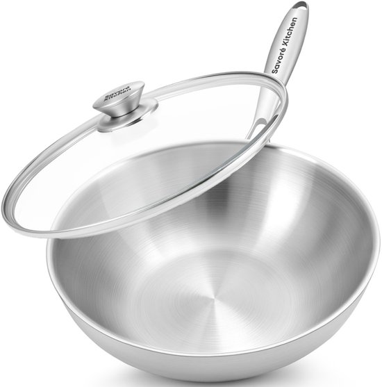 Savoré Kitchen Wok en acier inoxydable 28 cm avec couvercle – Compatible induction – Woks – 3 couches – Distribution professionnelle de la chaleur