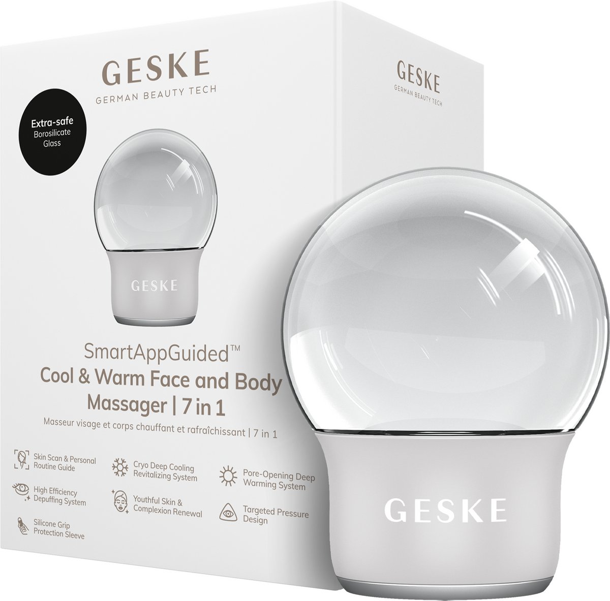GESKE SmartAppGuided™ Cool & Warm Face & Body Massager | 7 in 1 | Multifunctioneel massageapparaat | Gezicht & Lichaam | Batterijloos koelen en warmen | Verstevigt en ontspant | Bolvormig