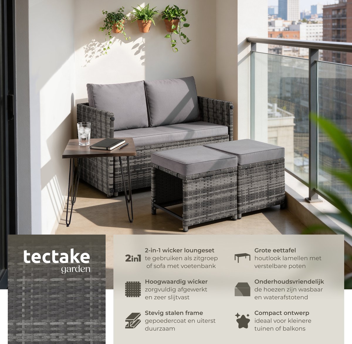 tectake® 2-in-1 Wicker Loungeset - Modulaire Tuinset - Te gebruiken als Tuinbank en Voetenbankjes - Tuintafel - Zitgroep voor 2 of 4 Personen - 110 x 60 cm - Tuinmeubelen - Voor Tuin, Balkon en Terras - Inclusief Kussens - Grijs – foto 2