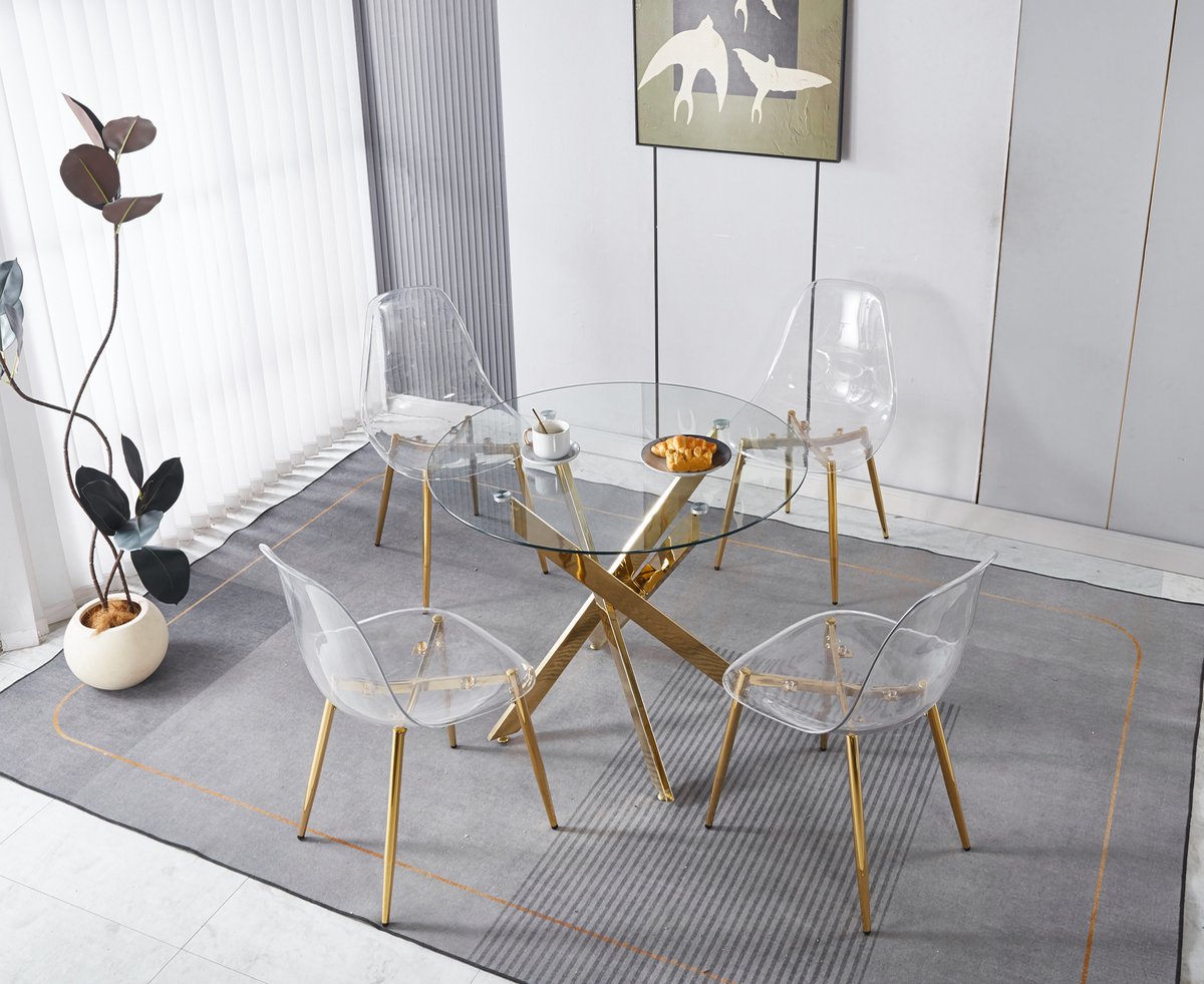 MIVRAY Eetkamerset 5-Delig - Fluwelen Stoelen Met Hoge Rugleuning - Voor Eetkamer En Kaptafelhoek - Metaal Goudkleurig Gouden