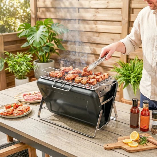 Premie Houtskool Barbecue - Smoker Barbecue - Barbecuegrill - Grillwagen - Houtskoolgrill - Houtskoolgrill met Grillrooster, Handvat en Inklapbare Poten - BBQ voor buiten, tuin & kamperen - 40x28x25,5 cm - Zwart van Merkloos — afbeelding 4