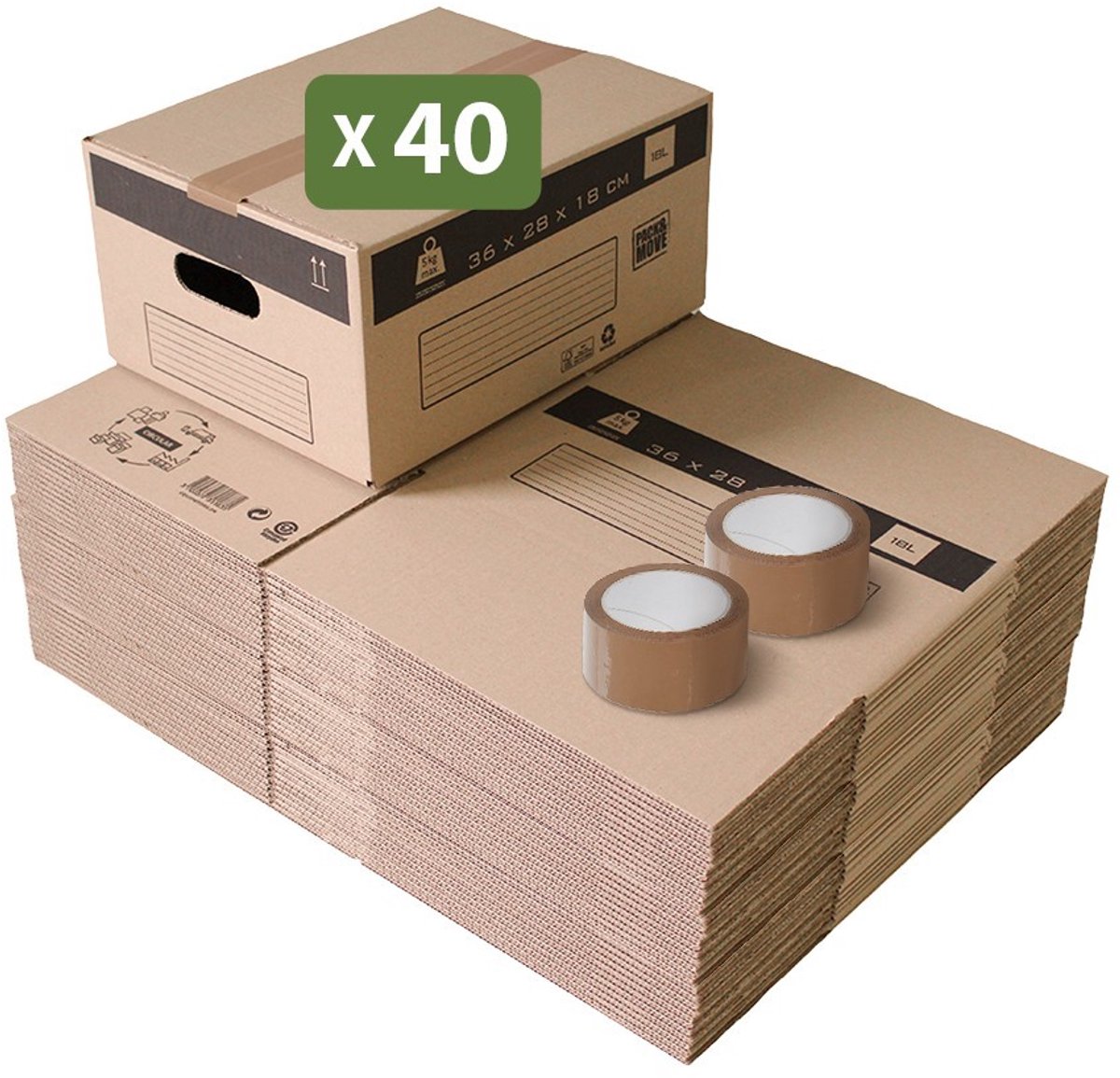 Pack and Move - Set 40 verhuisdozen opslag S - 36 x 28 x 18 cm - Versterkte handgrepen - 2 tapes gratis