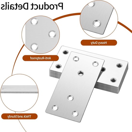 Set van 10 platte rechte reparatieplaten van roestvrij staal voor meubelondersteuning en verbindingselementen - 80 x 40 mm — afbeelding 2