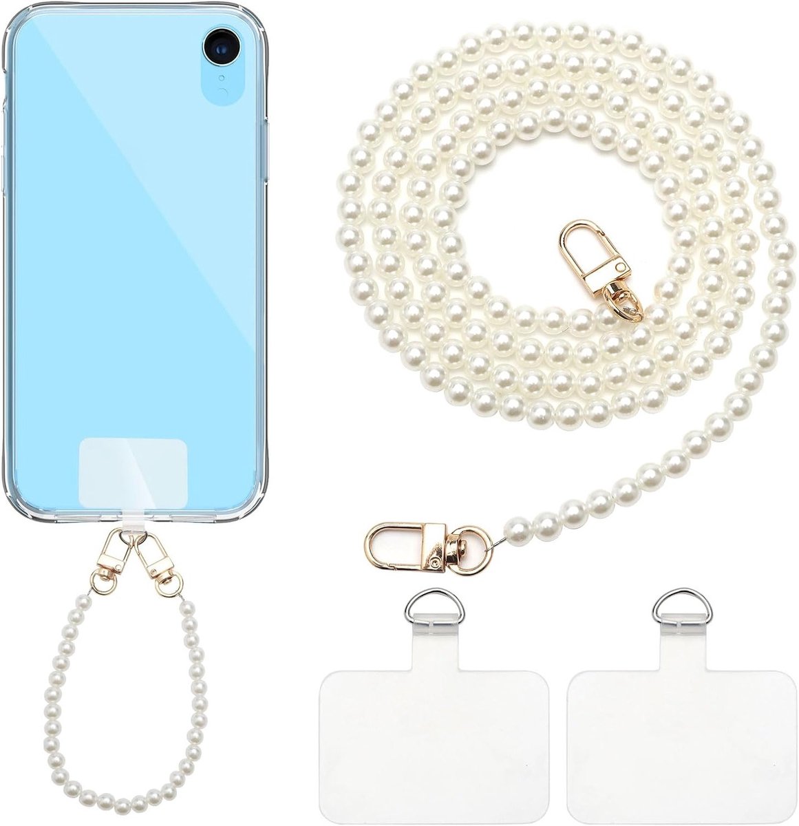 2-delige mobiele telefoon ketting set, 120 cm telefoonkoord en 30 cm polsband, smartphone armband met transparante inzetstukken voor veilig gebruik