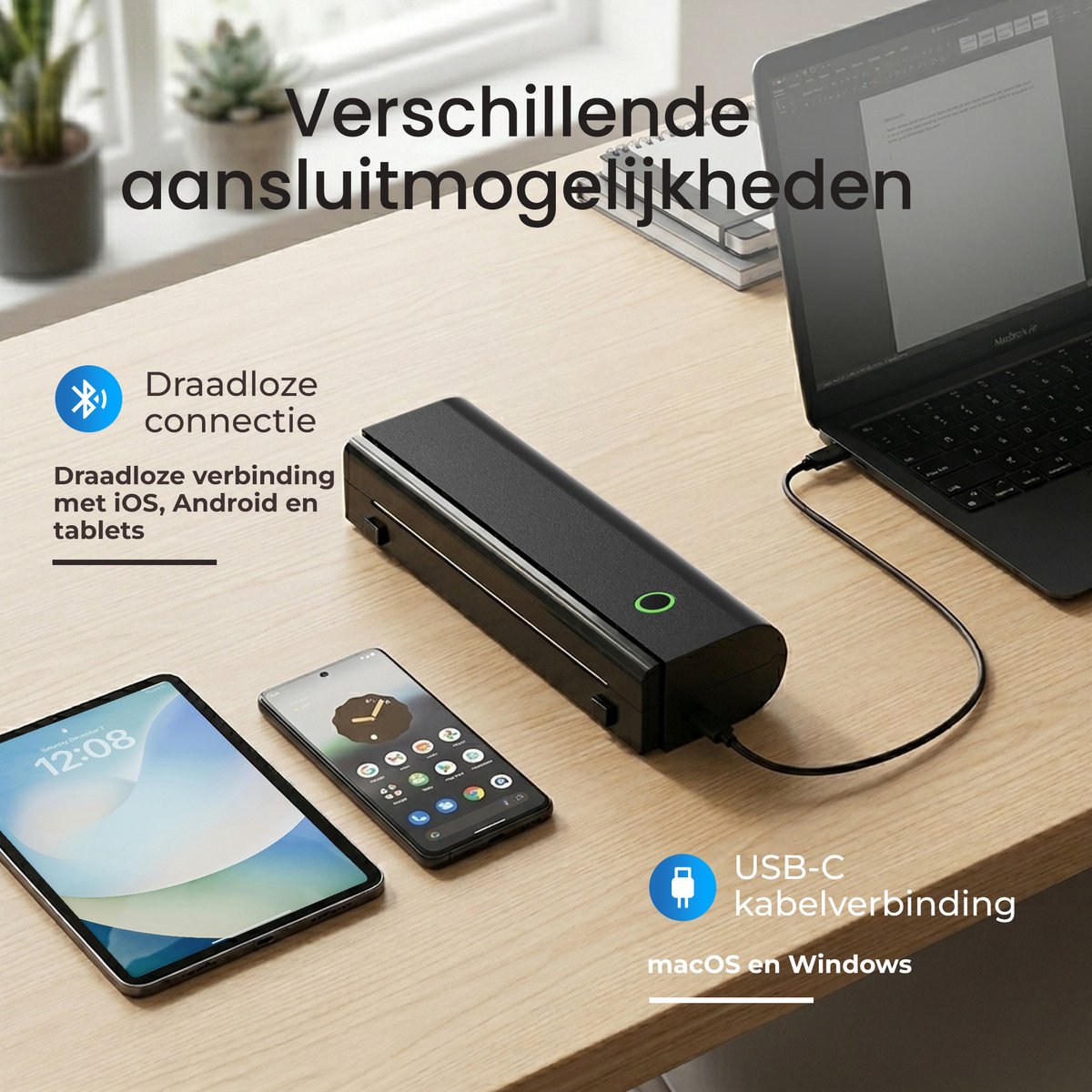 Dynabright Draadloze Thermische Printer - USB/USB-C - Pocket Printer voor Smartphone - Incl 2 rollen Papier - Draagbare Mini Printer voor Mobiel, Tablet en Laptop – A4 / US Letter - Thuis / School / Onderweg - Bluetooth — afbeelding 7
