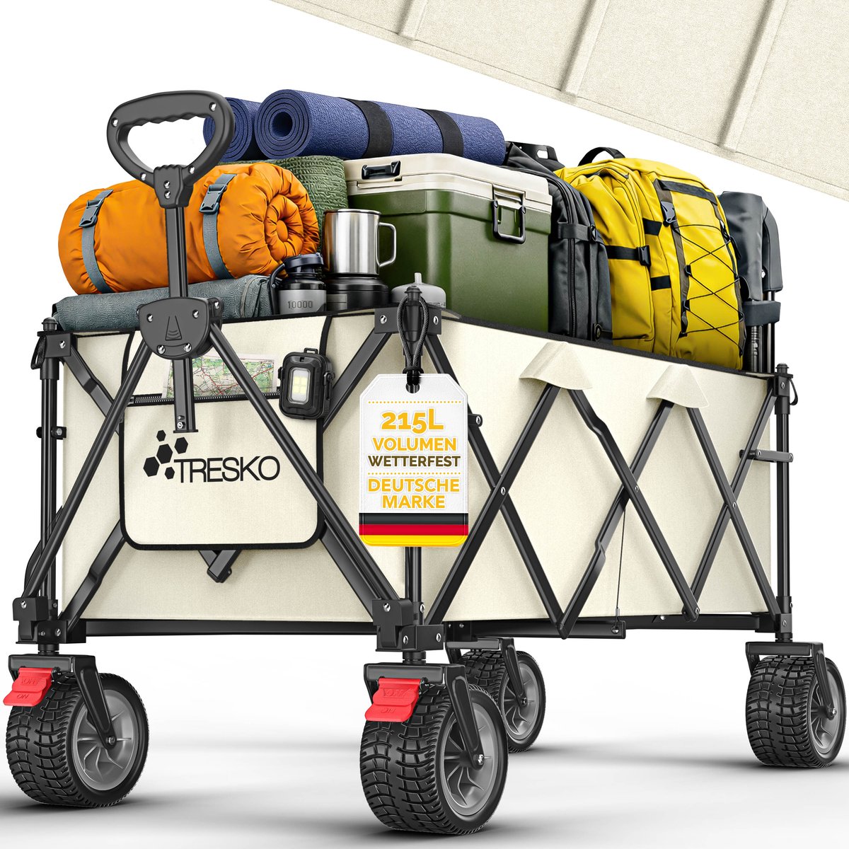 TRESKO® Bolderwagen opvouwbaar 215L met rem | Handwagen inklapbaar 150kg incl. massief rubberen banden | Opvouwbare strandwagen extra brede all-terrain wielen | Transportwagen met draagtas