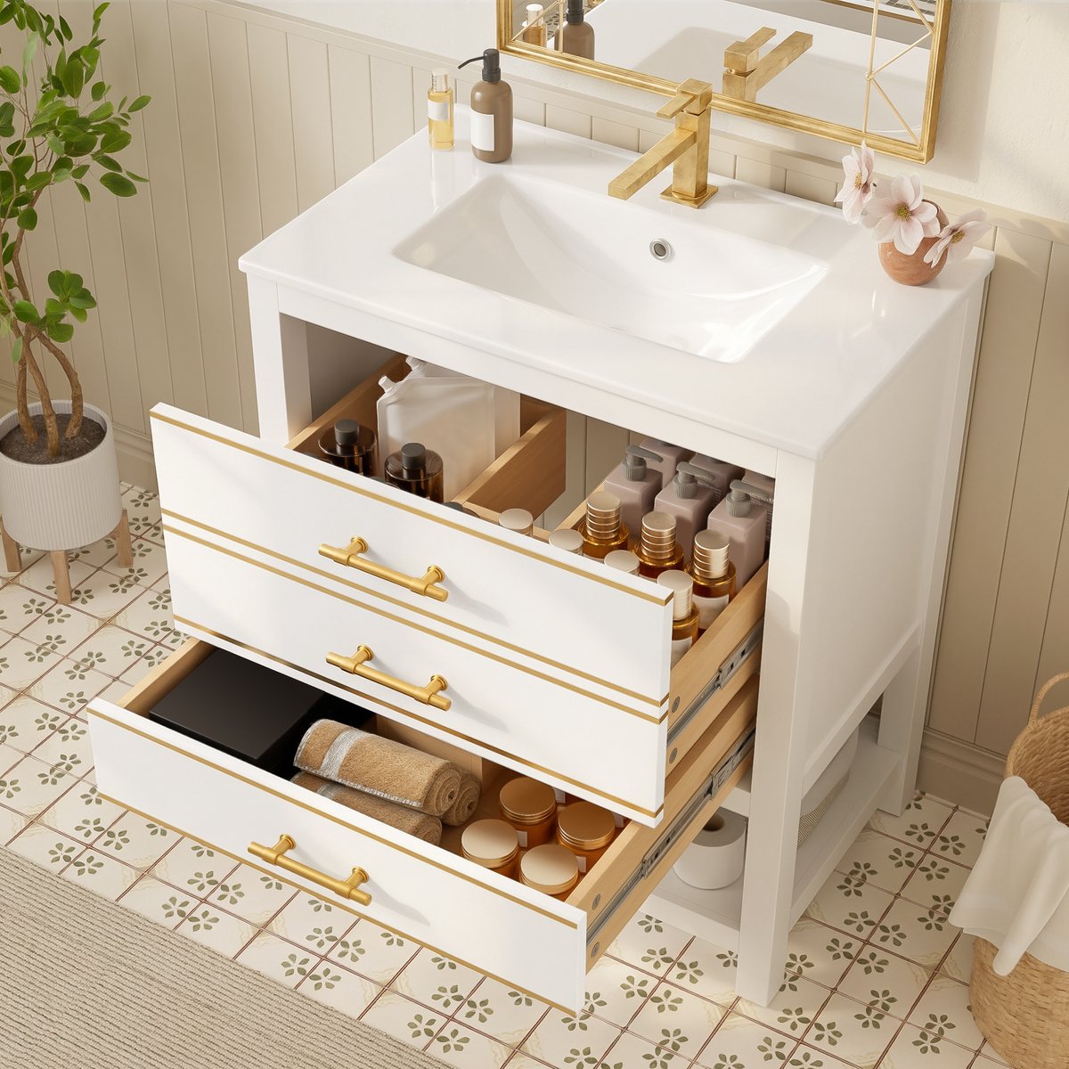 FloraGrace Badkamermeubel Met Wastafel - Keramische Wasbak En 2 Lades - Voor Badkamer En Gastentoilet - MDF - 76 Cm - Wit Goud