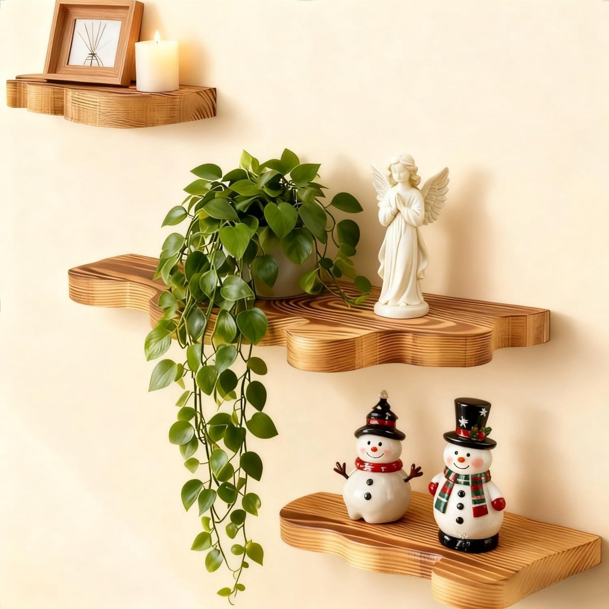 Set van 3 kleine rustieke zwevende planken met golvende rand - Houten zwevende planken - Rustieke vintage wandplank in boerderijstijl - Decoratie voor woonkamer, badkamer, slaapkamer, bruin