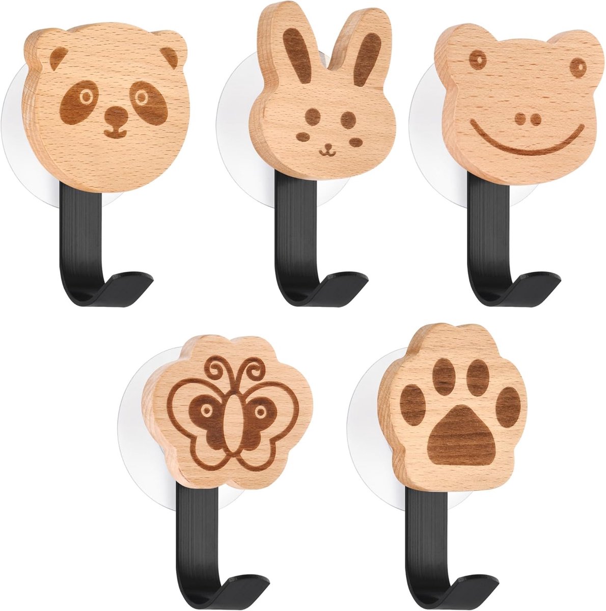 QTTVBTNA Houten Kapstok – Zelfklevende Wandhaken met Dieren – Multifunctionele Muurhaak & Meubelknop – Kinderkamer – Set van 5
