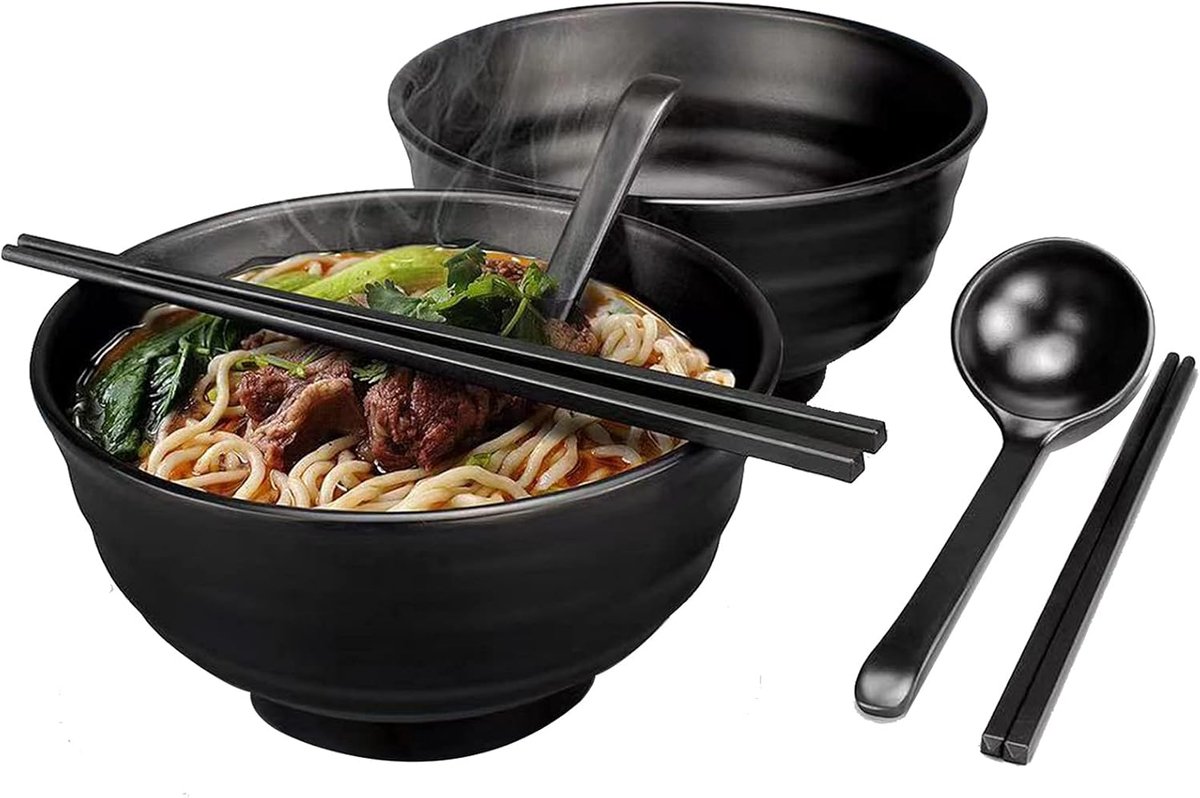 Ramen Bowl Japanse ramenkommenset 90 ml zwart antislip soepkom - lepel en eetstokjes - pasta fruit pastasalade - 2 sets (6 stuks)