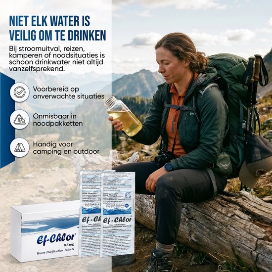 Ef-Chlor Waterzuiveringstabletten 8.5 mg - 100 Tabletten voor 100 Liter Drinkwater - 5 jaar houdbaar - Vernieuwde Verpakking - Noodpakket, Camping, Reizen, Outdoor & Survival van Merkloos — afbeelding 3