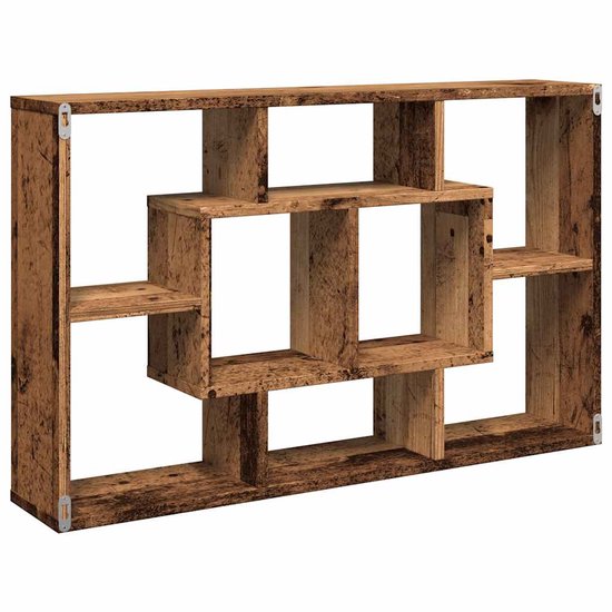 Houten wandrek met een open, geometrisch ontwerp, zichtbaar vanaf de zijkant met ophangbeugels.