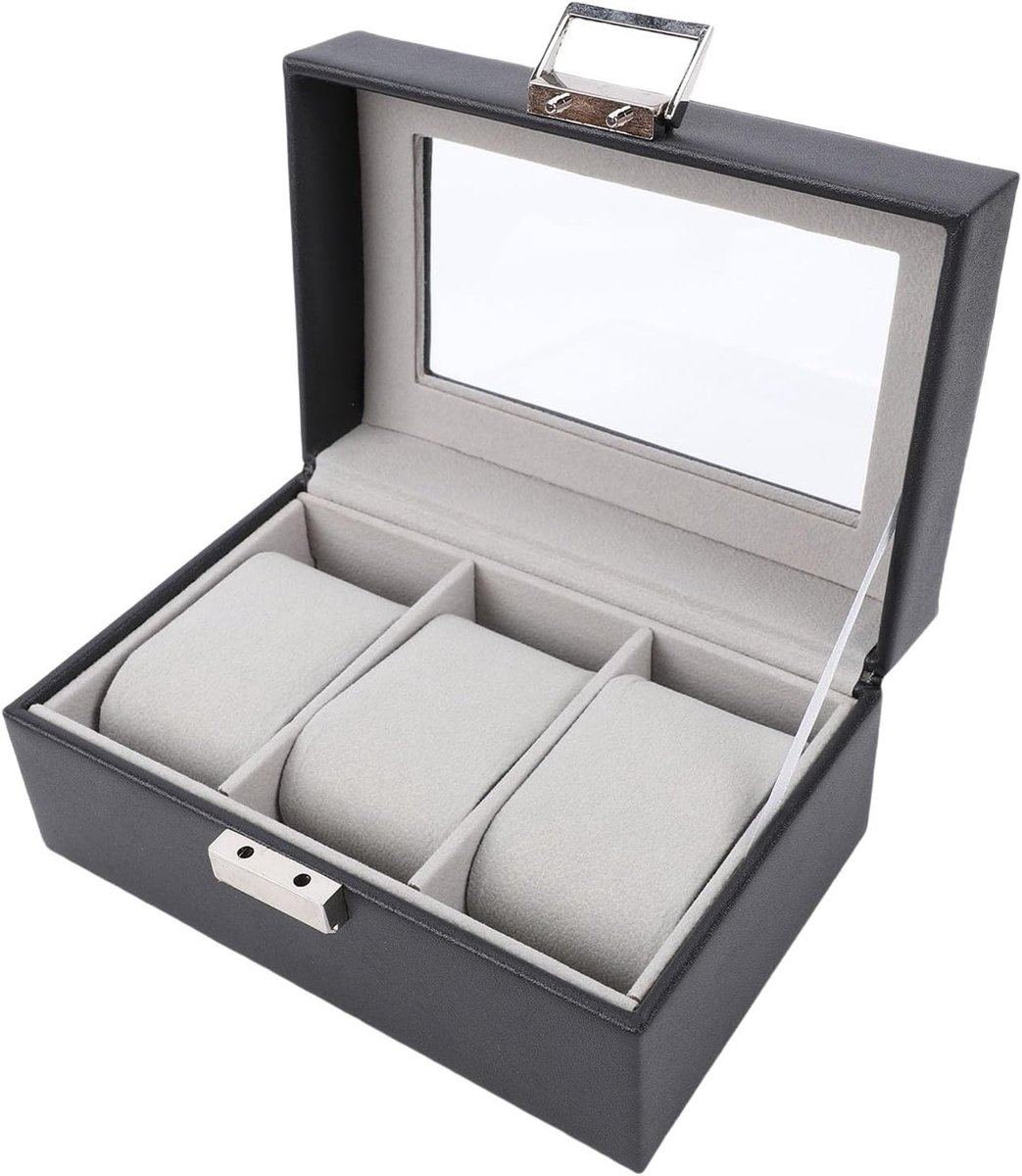 Watch Box met 3 Slots en Glazen Deksel, Verwijderbare Kussen, Stofdichte Organizer voor Horloges voor Mannen en Vrouwen