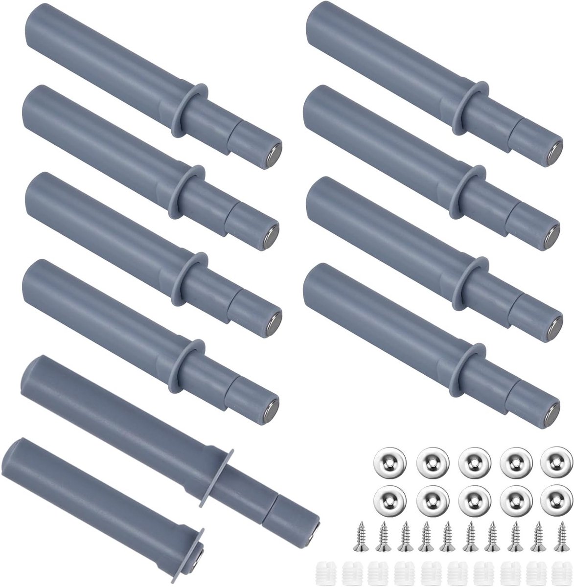 Set van 10 Push to Open Systeem voor Lades met Schokabsorber en Deurslot - 45 mm Push Pull Mechanisme met Schroeven voor Keukenkasten, Meubels en Kasten in Grijs