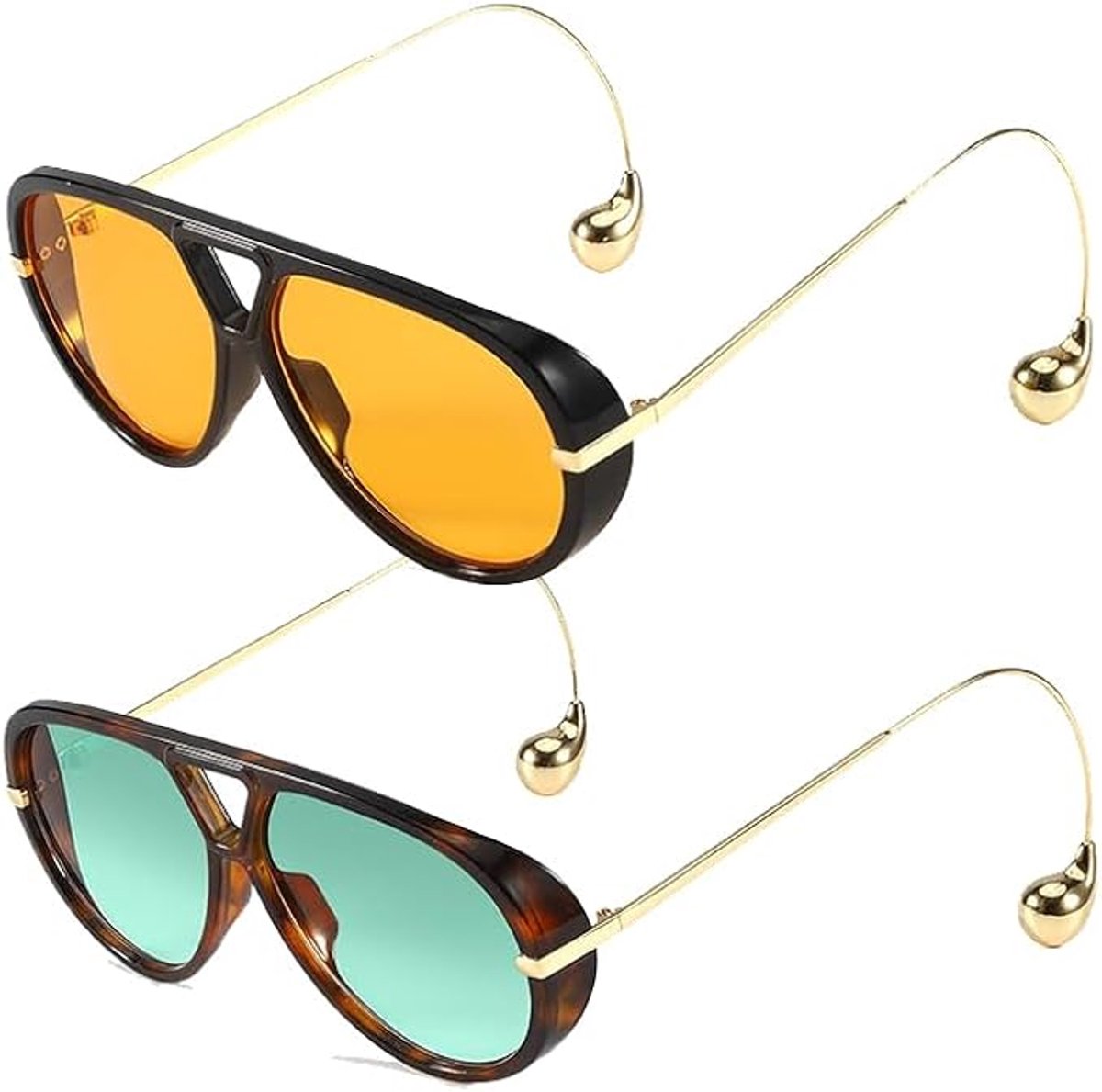 Luxe Aviator Zonnebril - 2 Stuks - Retro Pilotenbril met Unieke Druppel Pootjes - Oversized Festival Bril - Piloten Zonnebril - Sunglasses - Gepolariseerde - UV400 Bescherming - Unisex - Oranje & Blauw Glazen - Stijlvolle Aviator Bril - SOLLBRY®