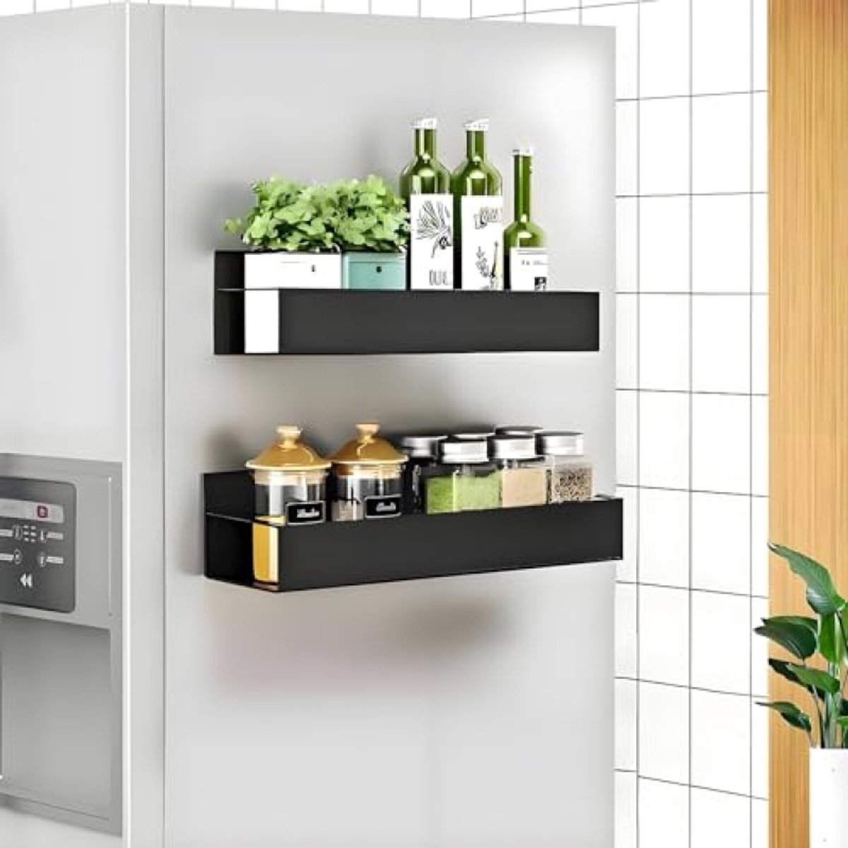 PromoHome Magnetisch Kruidenrek voor Koelkast 2 Stuks - Bamboe Magneetplank - Zwart - Keuken Opslag