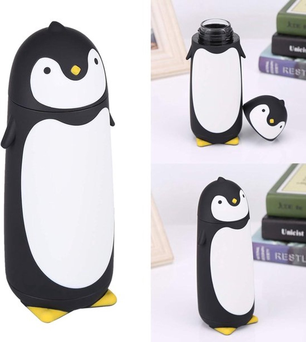 Draagbare Schattige Pinguïn Glazen Waterfles - 300 ml - Dubbellaagse Mok - Reisbeker - Zwart