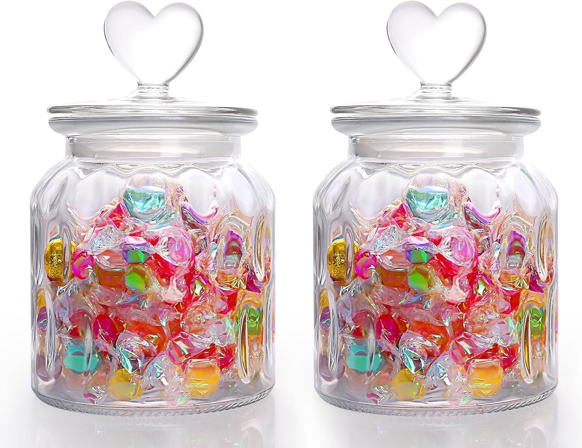 JeiibrZui Glaswerk Voorraadpotten Set - 650 Ml - 2 Stuks - Hartvormig Deksel - Luchtdicht Bewaren Voor Snoep En Koekjes In De Keuken
