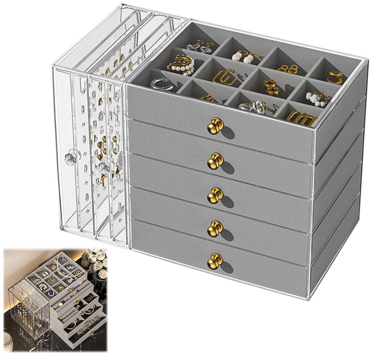 Sieradendoos – Sieradenorganizer – Sieraden organizer – Sieraden organizer lade – Juwelendoos – Geschikt voor kaptafel – Grijs