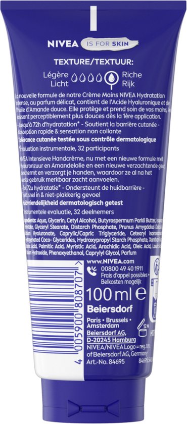 Achterkant van een Nivea Handcrème tube met productinformatie.