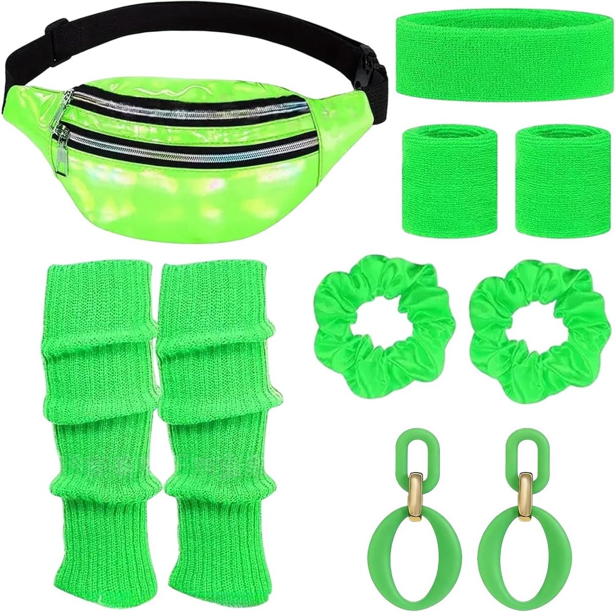 Retro 80s dames outfit met kostuum accessoires zoals hoofdband, beenwarmers en oorbellen voor carnaval en themafeesten