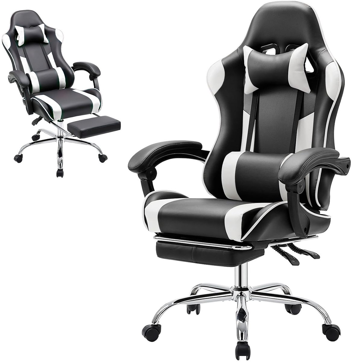 Gamingstoel / Ergonomische Bureaustoel - Kunstleer - Met Voetensteun, Hoofdsteun & Lendenkussen - Verstelbare Hoogte - 125 kg Draagvermogen