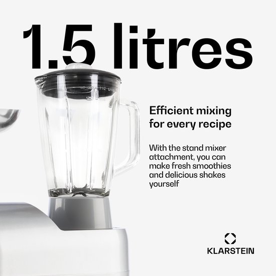 Klarstein Blender Knetmaschine keukenmachine met Fleischwolf, 2000W Teigmaschine klein, 6 standen, Schneebesen - & Knethaken, planetair , roermachine met Mixer, keukenmachines met 5L kom - 1800W 5,2L - voor Keuken - RVS - Standmixer van Klarstein — afbeelding 3