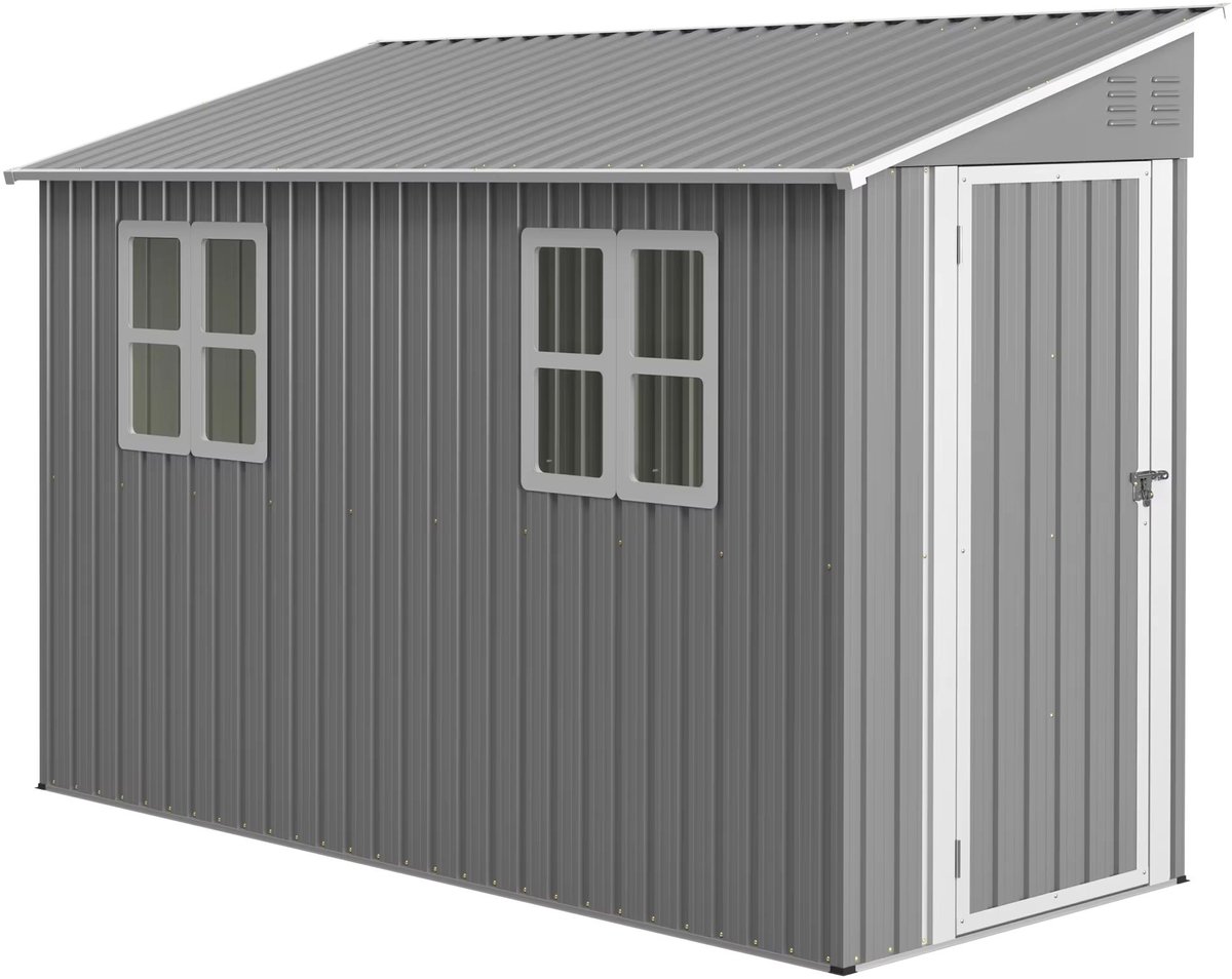 Metalen buitenberging – Voor tuin en opslag – Leunend ontwerp met linker- en rechterdeur en 2 ramen – Grijs – Afmetingen: 122 x 305 cm
