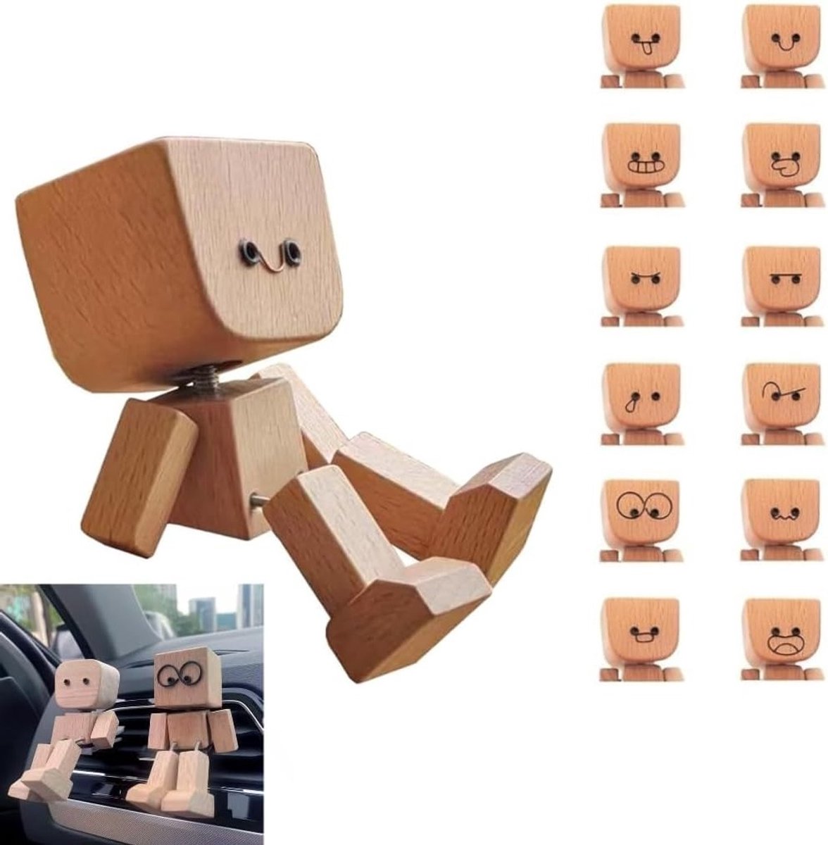 Handgemaakte Houten Wobble Man met 12 Magneten - Unieke Dashboarddecoratie met Gezichtsuitdrukkingen en Beweegbare Figuren