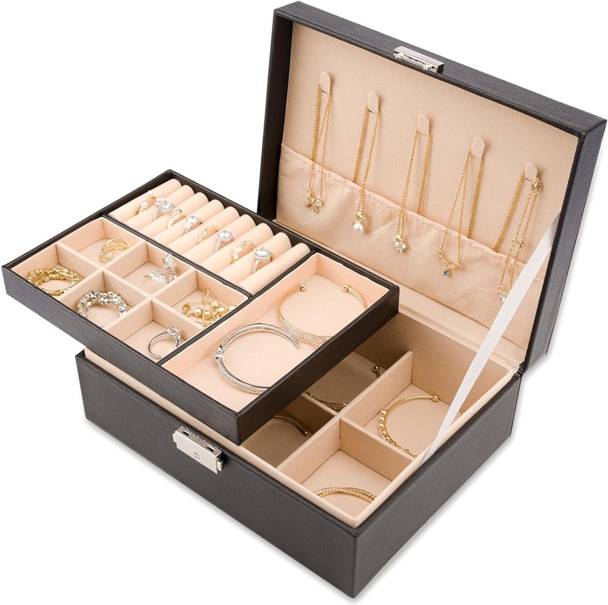 Elegante 2-laagse sieradenbox van PU-leer met slot en verwijderbare tray voor ringen, oorbellen en kettingen - Perfecte sieradenopberger voor vrouwen