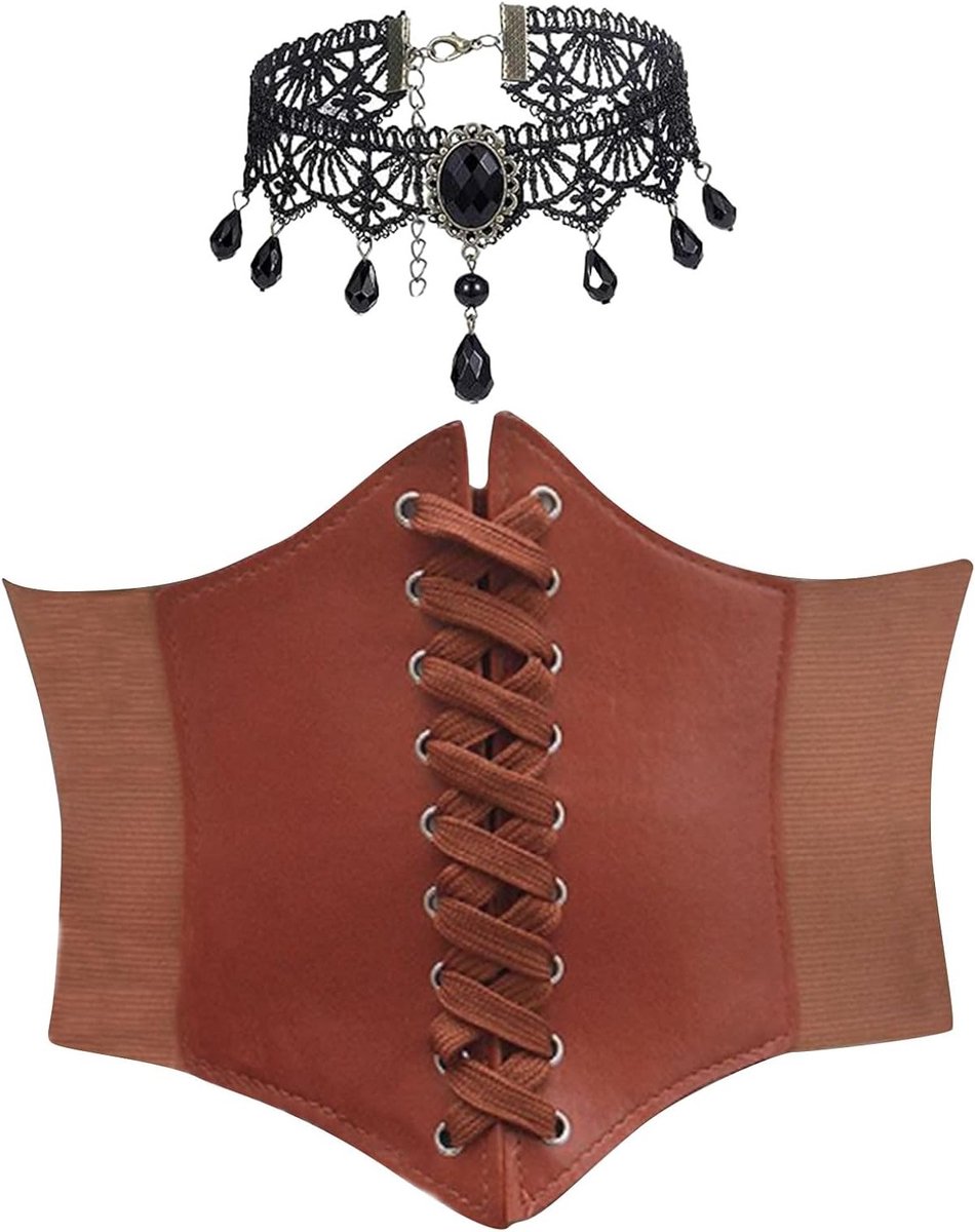 Twee-delige corset set voor dames met gothic sieraden, bruin, middeleeuwse kleding, piratenkostuum, corsetriem en kanten choker.