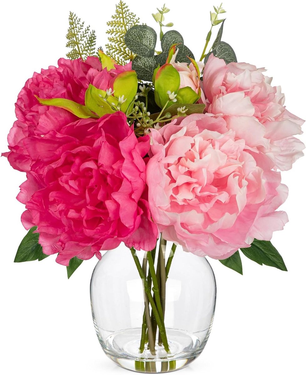 Realistisch zijden bloemstuk met roze pioenrozen in glazen vaas, perfect voor woonkamer, slaapkamer en kantoor decoratie, kunstwater inbegrepen