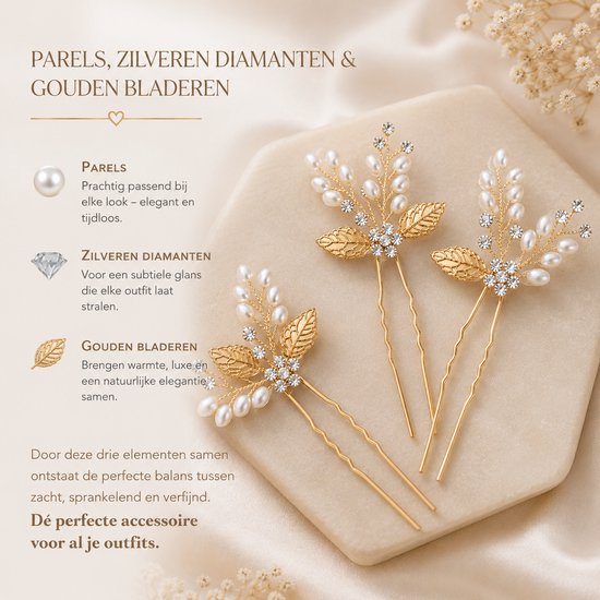 Cheveux in Style® Safa Series - Pearl Crystal Leaf Goud - Set de 3 points de cheveux dorés avec perles, cristaux et feuilles d'or