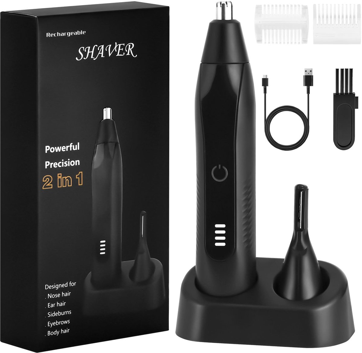carmdering - Neustrimmer - Gezichtstrimmer - 2-in-1 Trimmer - 6500 tpm, roestvrijstalen messen - USB-C oplaadbaar (1,5 uur, 80 min) - IPX7 waterdicht - Voor neus, oren en wenkbrauwen - Man en vrouw - Zwart