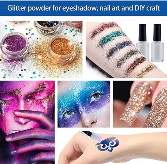 Productafbeeldingen met glitterpoeder voor oogschaduw, nagelkunst en knutselen, inclusief close-ups van glitterapplicaties op gezicht, armen en nagels.